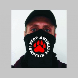 Stop animal killing! čierna univerzálna elastická multifunkčná šatka vhodná na prekritie úst a nosa aj na turistiku pre chladenie krku v horúcom počasí